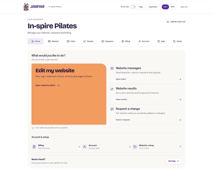 Client home: edit the site, read messages, request changes