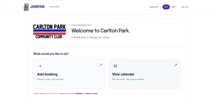 Carlton Park's booking hub for rooms and dates